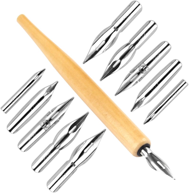 Pretwad G-Pen Ink Nib Stainless Steel Drawing Comic Pen Nib, 11 Pcs Comic Pens Nib Set, Dip Pens Nibs Holders with Comic Nib, Calligraphy Wooden Drawing Holder with Stainless Steel Pen Nib for Writing - Image 1